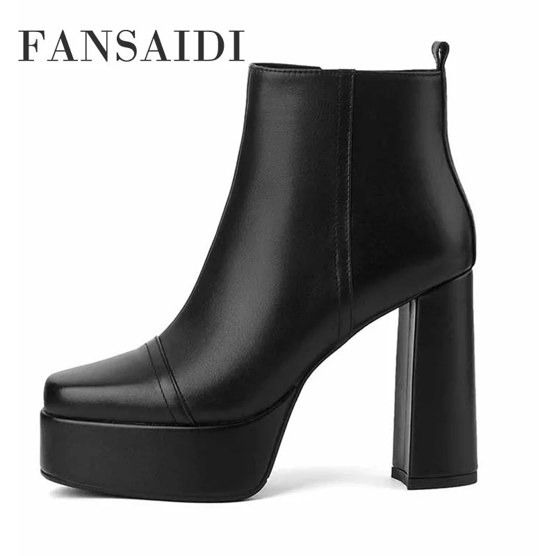 

FANSAIDI Winter Platform Zipper High Heels Square Toe Chunky Heels Clear Heels Ankle Boots Waterproof Ladies Boots 33 40