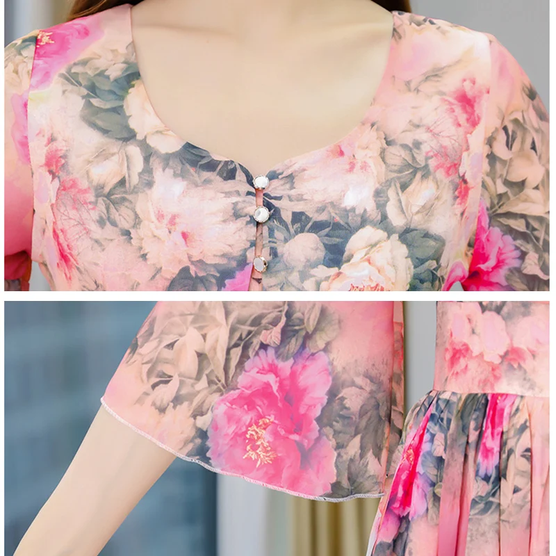 

2021 Spring Plus Size Floral Printing Women's Chiffon Long Dresses Elegant Half Flare Sleeve Square Neck Female Beach Dresses