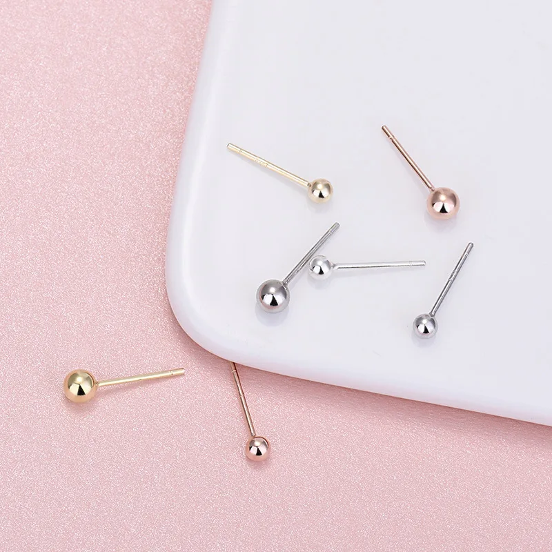 2Pairs 3/4mm S925 Sterling Silver Color Earrings Smooth Beads Hypoallergenic Female Earrings Jewelry