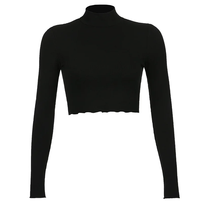 

Spring Autumn Long Sleeve Crop Top Slim Knitted Bottoming Shirt Korean Fashion Turtleneck Sweater brown Pullover Women Clothing