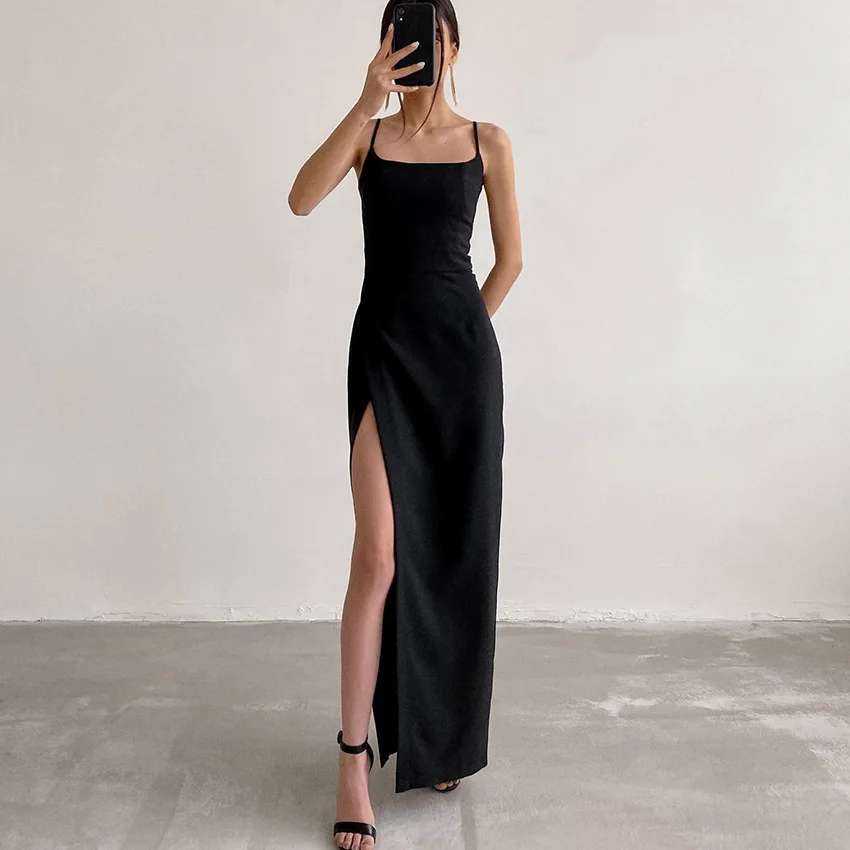 

Summer Women Long Slim Sexy Solid Color Split Sleeveless Sling Dress