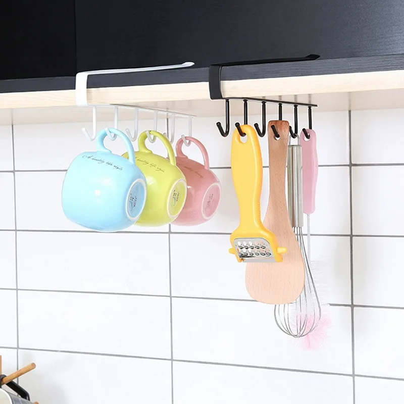 

6 Hooks Hanging Rack Metal Under Shelf Mug Cup Wall Mounted Kitchen Racks Holder Hanging Orgainzer Cupboard Kitchen Organiser
