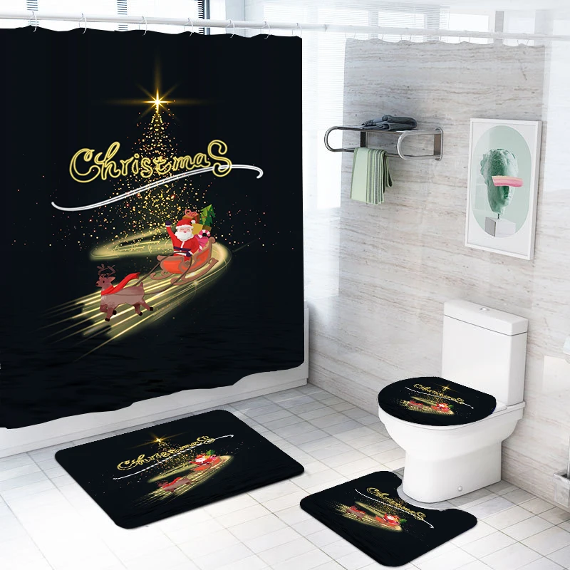 4 Pieces Merry Christmas Shower Curtain Sets Black Background Pad Set 3D Print Gold Color Bathroom Curtain Home Textile Bath Mat enlarge