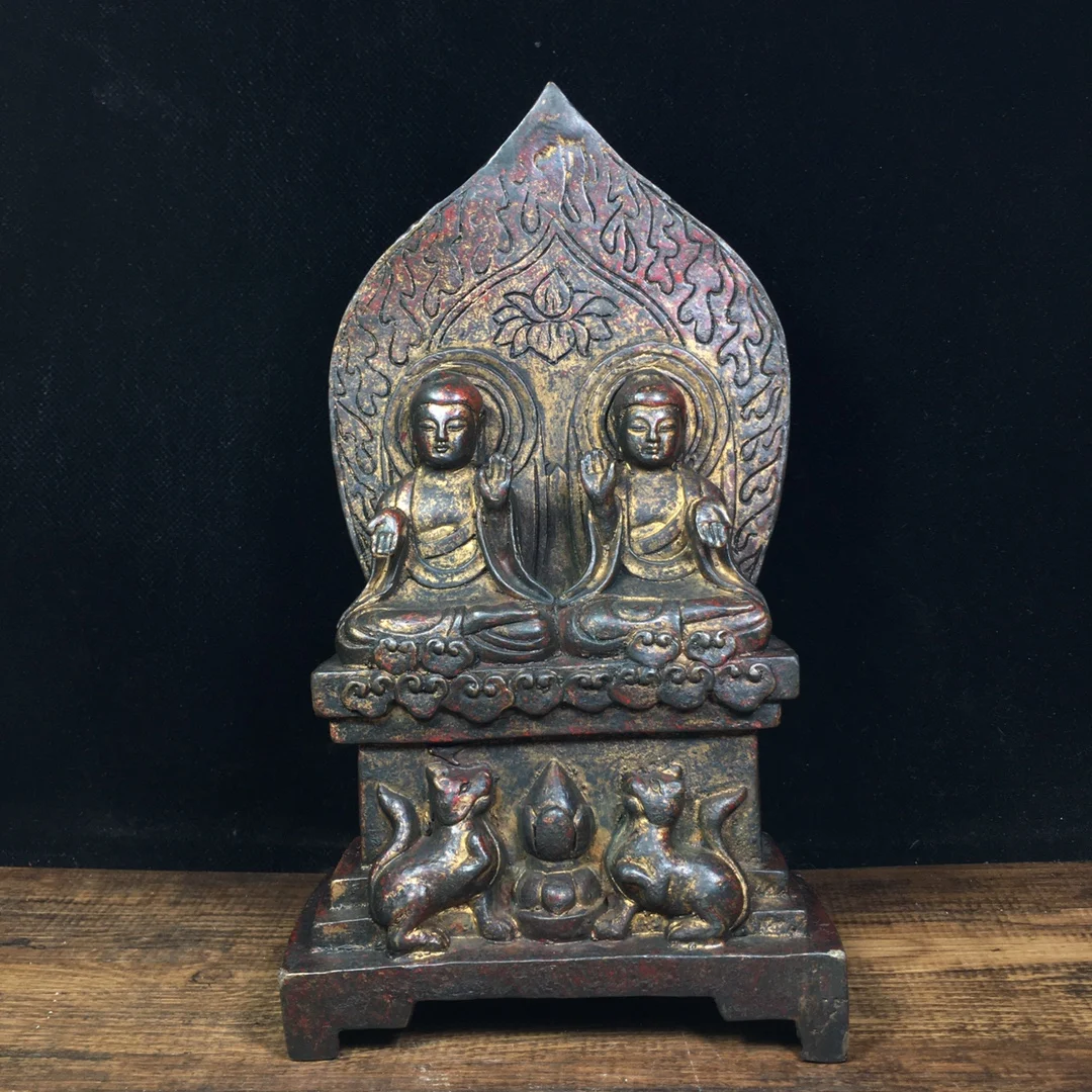 

9"Tibet Temple Collection Old Bronze Lacquer Cinnabar Northern Wei Buddha Prince Buddha Bench buddha Sakyamuni Enshrine