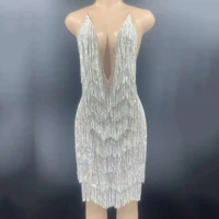 shining women short dress silver crystal tassel backless tight dj singer dance stage wear evening prom 2022 drag queen outfit
