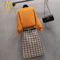 elegant women autumn winter clothing set turtleneck sweaters tops and tweed plaid long skirts suit office ladies two pieces sets