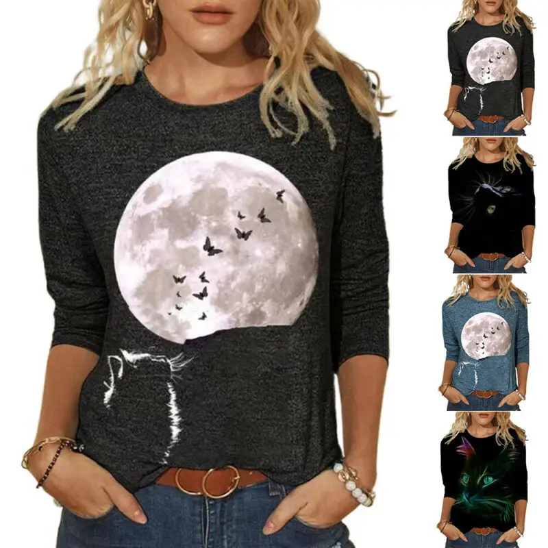 

Women Long Sleeve Crew Neck Sweatshirt Lady Cat Print Casual T-shirt Blouse Tops
