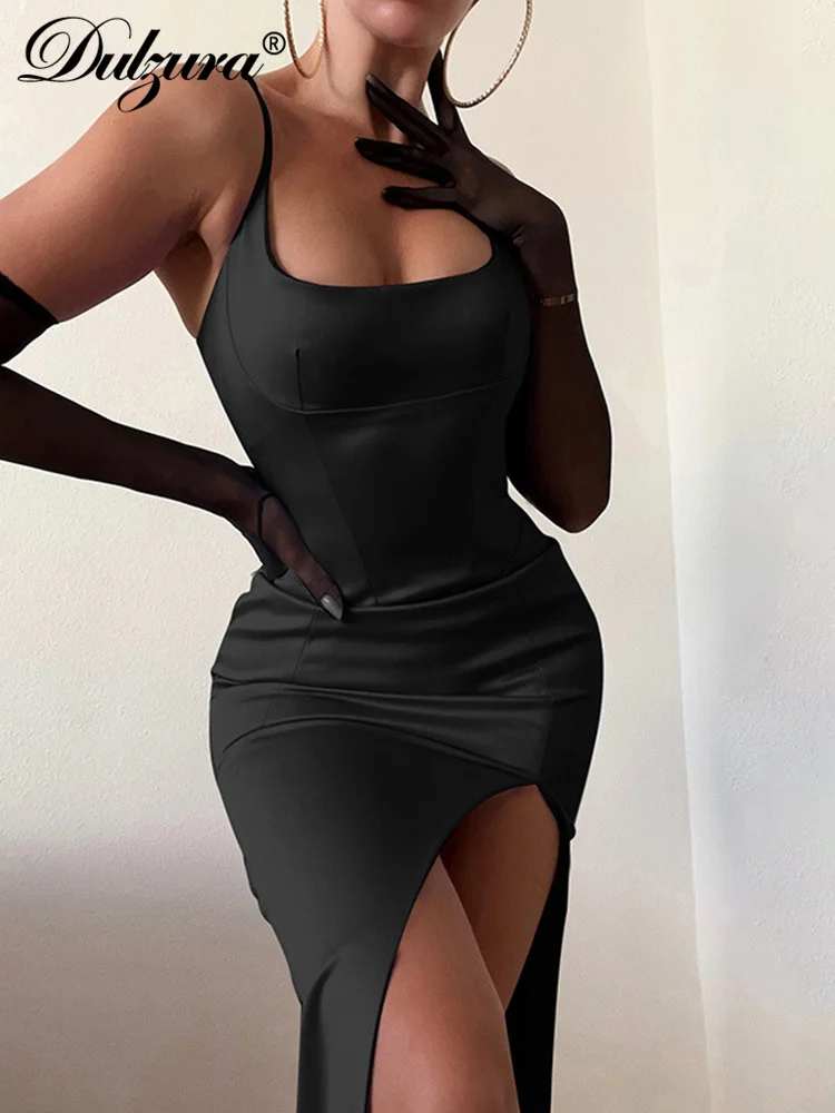 

Dulzura Satin Women Solid Strap Slit Midi Dress Bodycon Party Elegant 2021 Autumn Winter Clothes Festival
