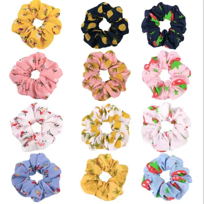 

2022 Satin Hair Scrunchies Women Elastic Hair Bands Girls Headwear Fruit Printed Korean Silk Ponytail Holder Hair Tie Accessori