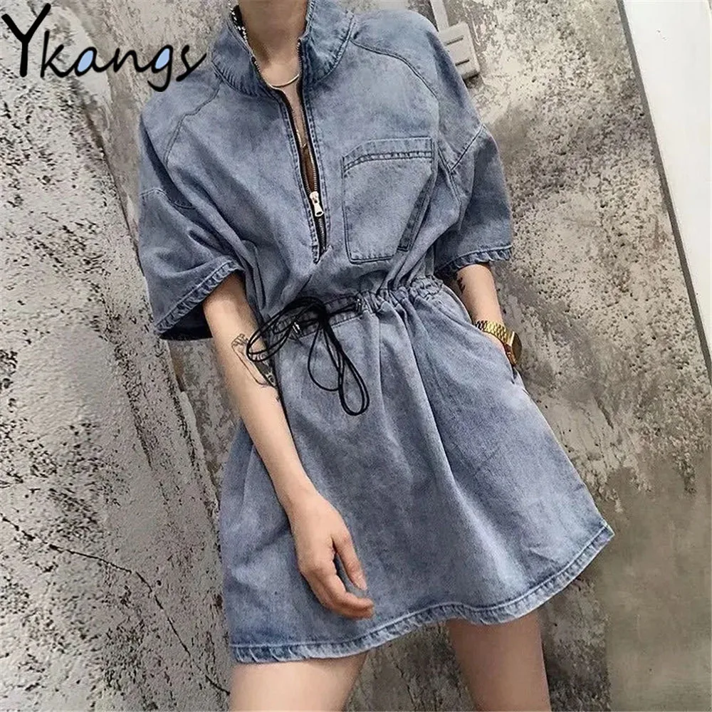 

Zipper Empire Drawstring Waist Tunic Denim Mini Dress Summer Women's Cargo Skirts Korean Thin Short Sleeve Sukienka Streetwear