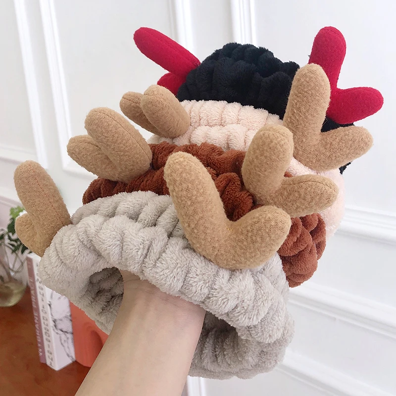 

Fluffy Antler Black Gray Pink Coffee Soft Cute Turban Elastic Hair Band Headwear For Washing Face Shower Spa Makeup Tools