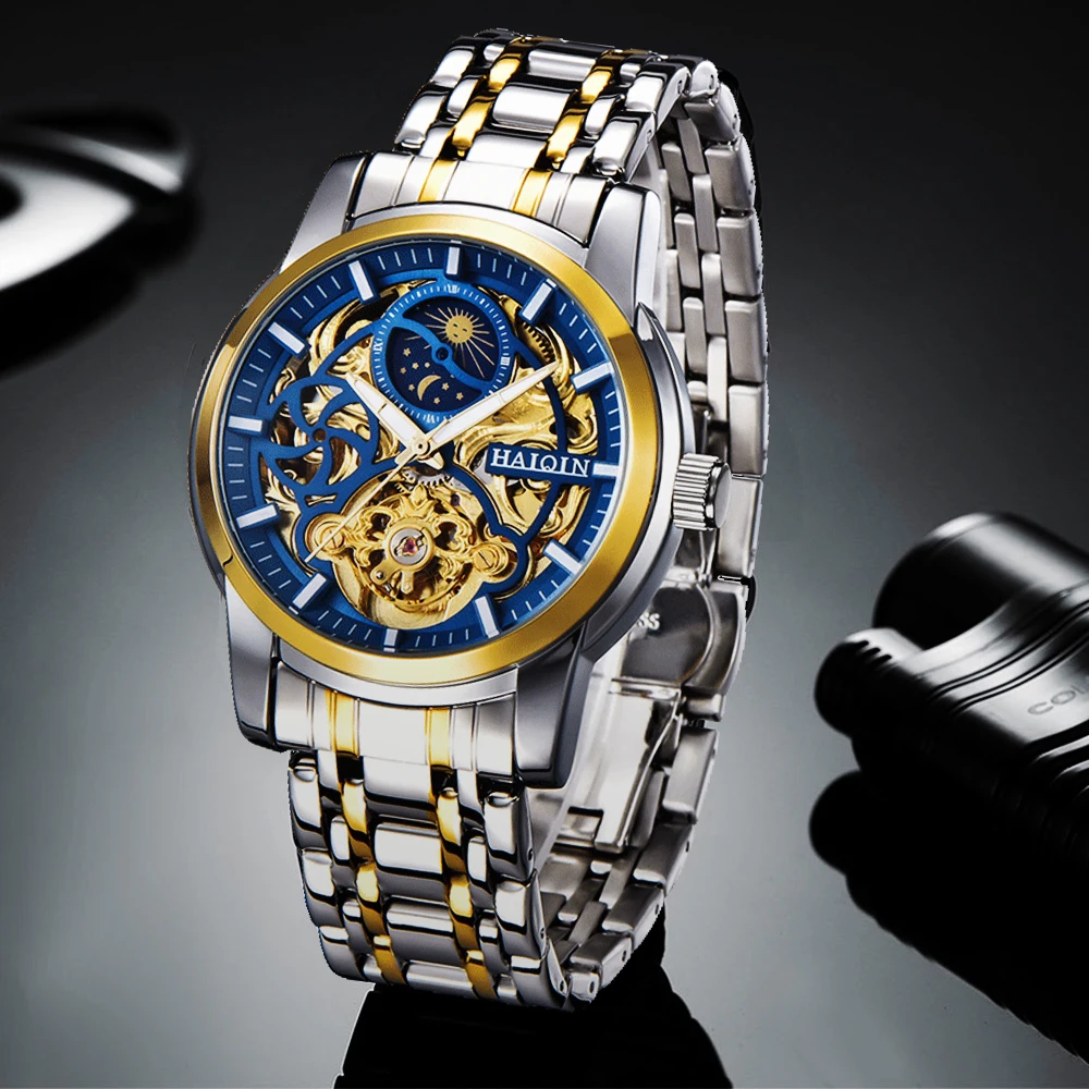 Мужские автоматические часы HAIQIN роскошные деловые наручные с каркасом