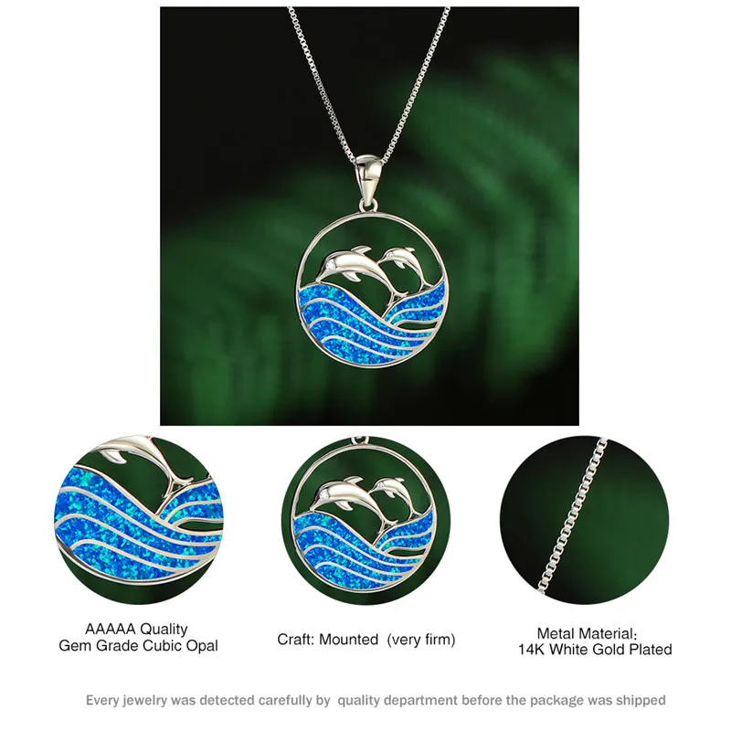 

Cute Female Blue Opal Wave Pendant Necklace Luxury Silver Color Chain Necklaces For Women Hollow Beach Dolphins Wedding Necklace