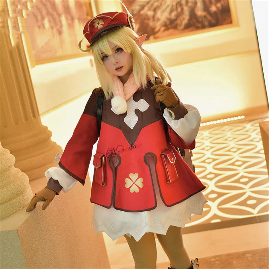 

SHZQ Anime Game Genshin Impact Klee Cosplay Costume Backpack Wig Shoes Outfit Lolita Dress Women Halloween Party Costume
