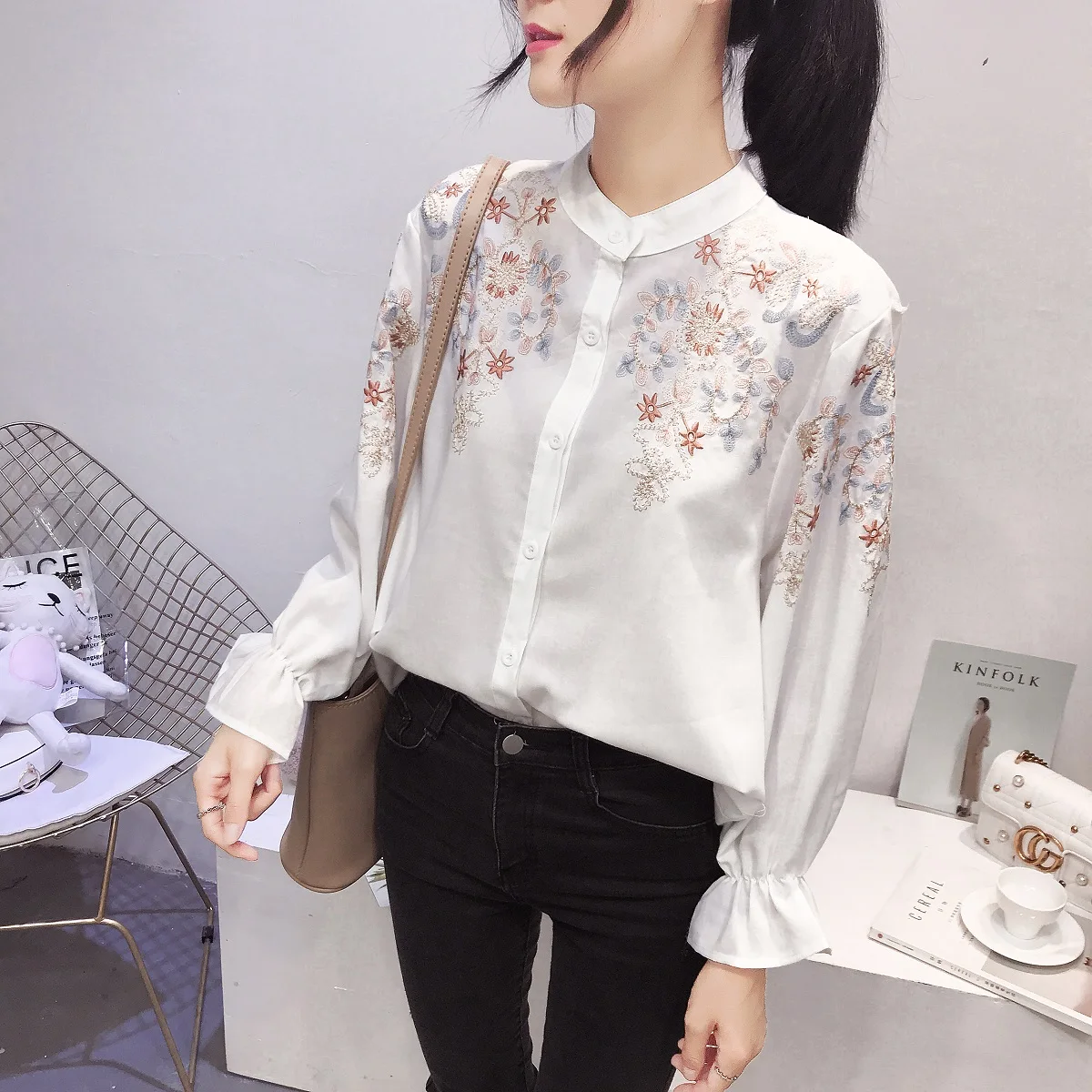 Женские хлопковые топы с длинным рукавом белые рубашки цветочной вышивкой