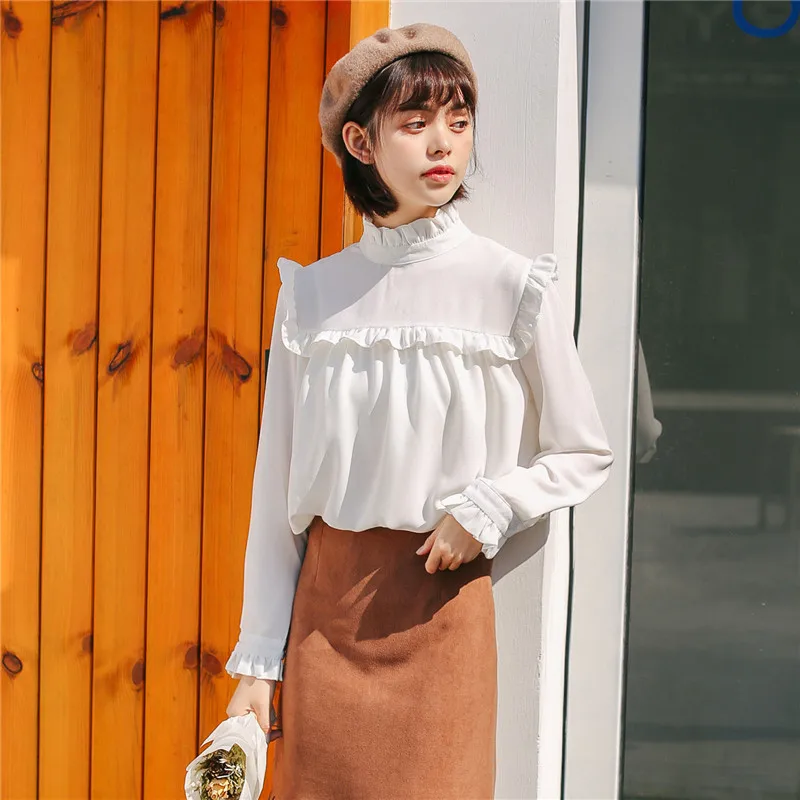 Однотонные свободные блузки 2018 Женские топы и со стоячим воротником длинным