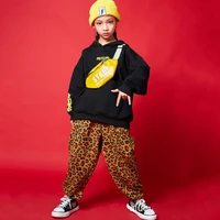 kid hip hop clothing black hoodie sweatshirt oversized top leopard streetwear jogger sweat pants for girl boy jazz dance costume