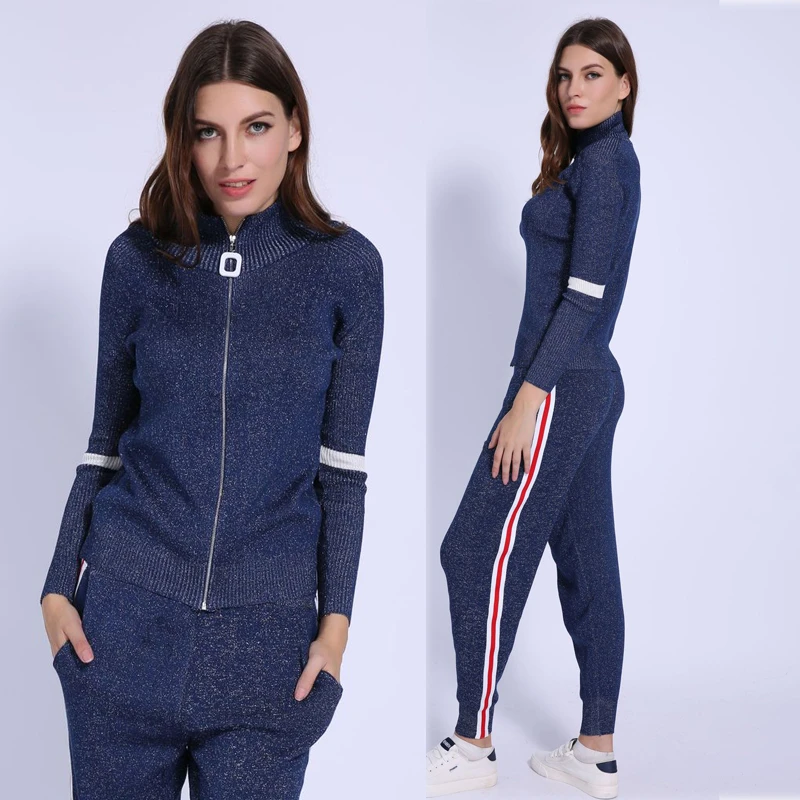 

outfits for Women Tracksuit 2020 Autumn winter Turtleneck Knit coat top pant Sportwear 2 Piece Pants Sets Stripe Knitting Suits
