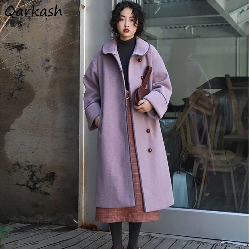 

Wool Blends Women Gentle Solid Purple Thicker Woolen Outwear Elegant Wide-waisted Long Single Breasted Korean Coat Mujer Stylish