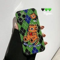 retro cherry tiger green plaid shockproof phone case for iphone 13 11 12 pro max xr xs max 7 8 plus x lens protection case cute