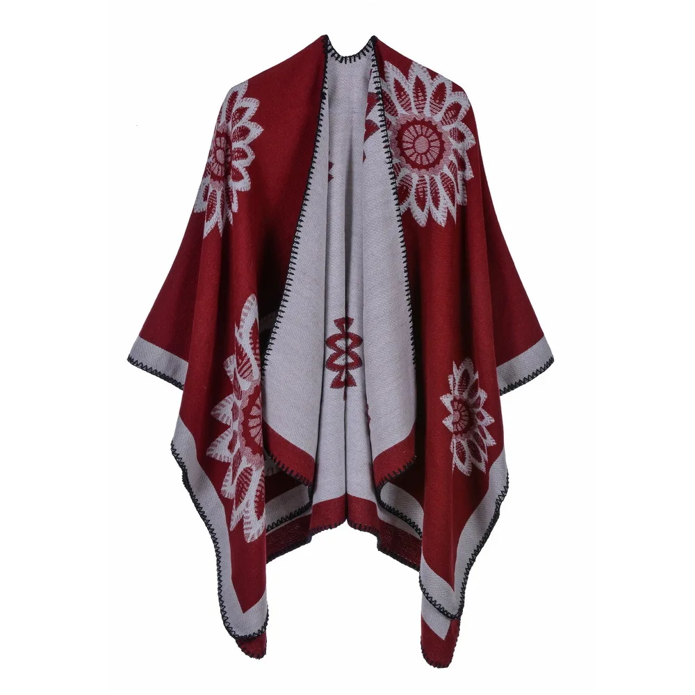Winter Scarf Warm Poncho and Cape Women Cloak Print Floral National Wind Fork Shawl Imitation Cashmere Pashmina Wraps Mujer | Аксессуары