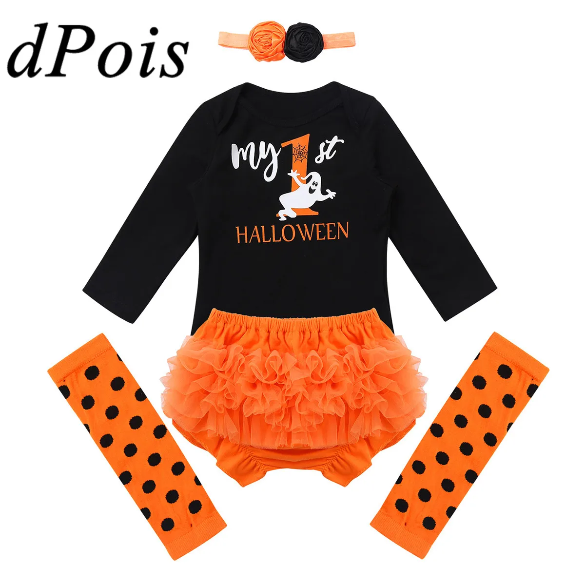 

Infant Baby Girls My 1st Halloween Outfits Long Sleeves Romper with Bloomers Headband Leg Warmers Halloween Cosplay Party Set