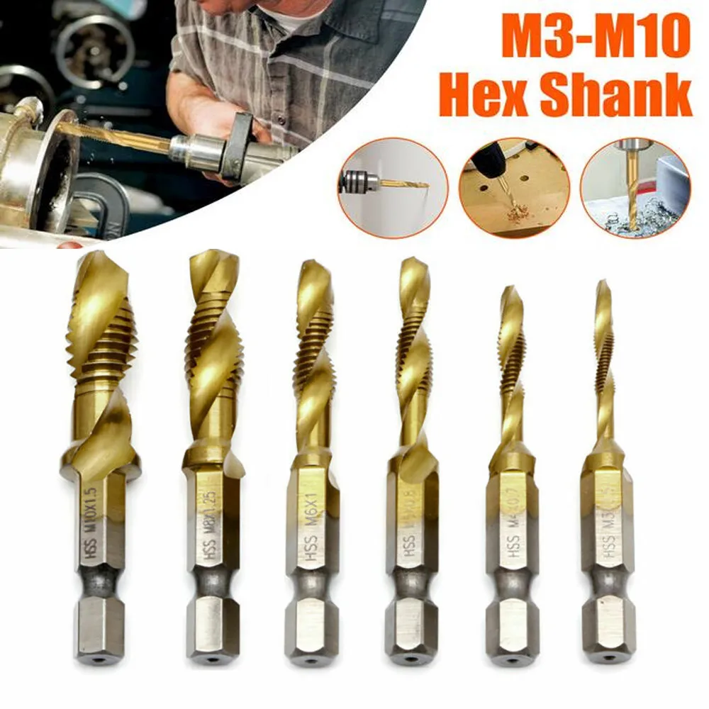 

6 Piece Drill bit High Speed Steel Hex Screw Thread Tap Hardware Tools