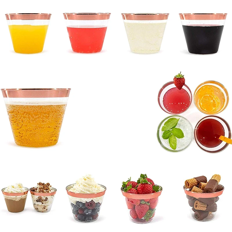 HOT-60 Pieces Rose Gold Plastic Cups 9 Oz Clear with Rimmed Wedding Party Disposable - Ros | Дом и сад