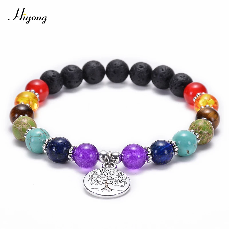 

Lava Rock 7 Chakra Bracelet Tree of Life/OM/Lotus Pendant Bracelet Religion Healing Balance Beads Buddha Prayer Yoga Bracelets