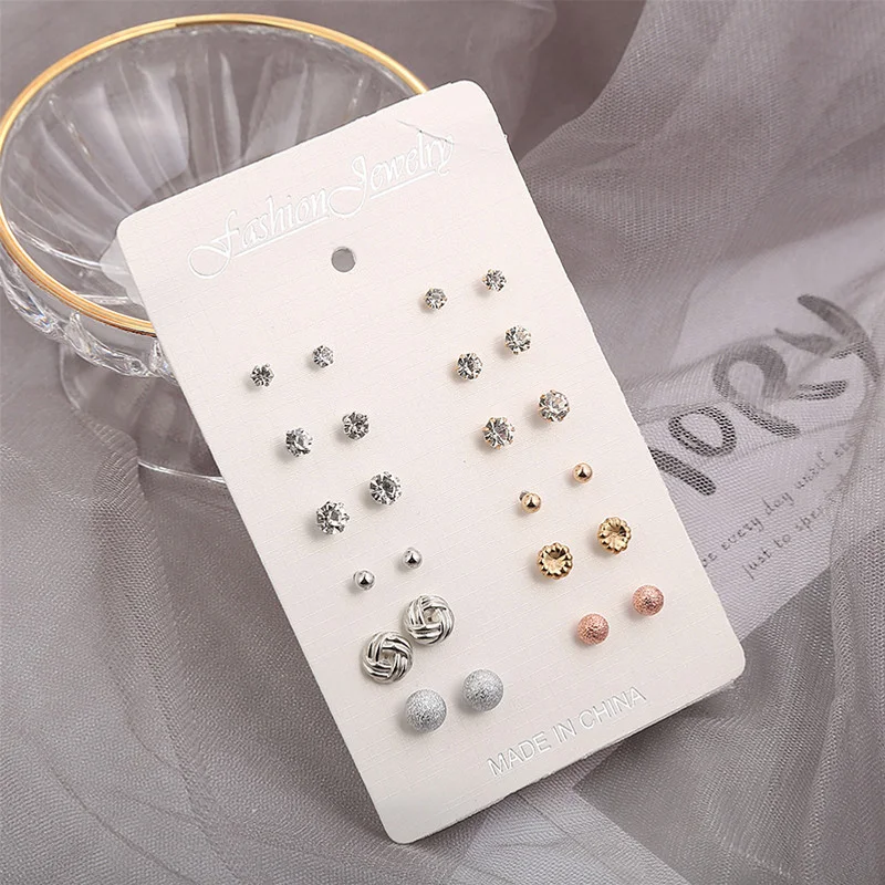 

12 Pairs/set Earrings Classic Women's Round Ball Metal Pearl Earrings For Women Girl Gifts Crystal Stud Earring Sets Jewelry