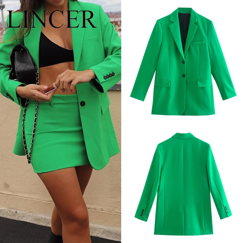 

2021 Fashion Female Casual Chic Tops Women Solid Green Blazer Coat Vintage Notched Collar Pocket