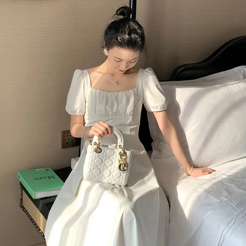 

Vintage Square Collar Folds Short Sleeve Women Dress Summer French High Waist Midi Dress New Sweet Loose Pink Black Women Dress