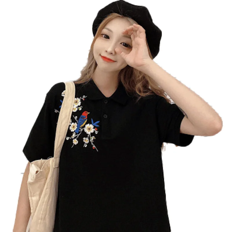 

National wind turn collar polo shirt embroidered short-sleeved t-shirt women's 2020 summer design sense niche student top