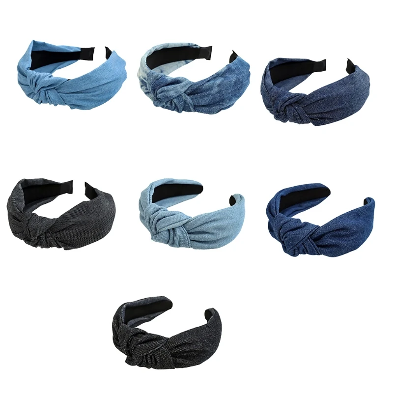 

2022 New Vintage Knotted Hair Hoop Denim Tie-dyed Headband Wide Criss Cross Headband