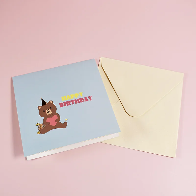 3D складной Тип Pop Up лазерная резка Свадебная Открытка медведь торт ко дню