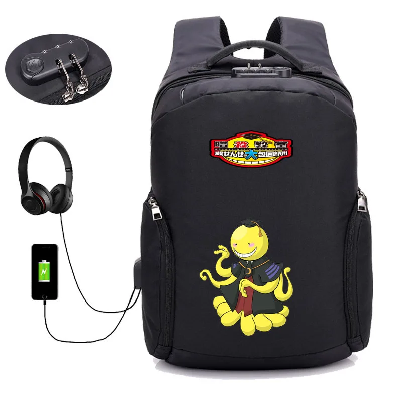 Аниме Ansatsu Kyoushitsu Анти-Вор USB для подзарядки ноутбук рюкзак Для мужчин wo