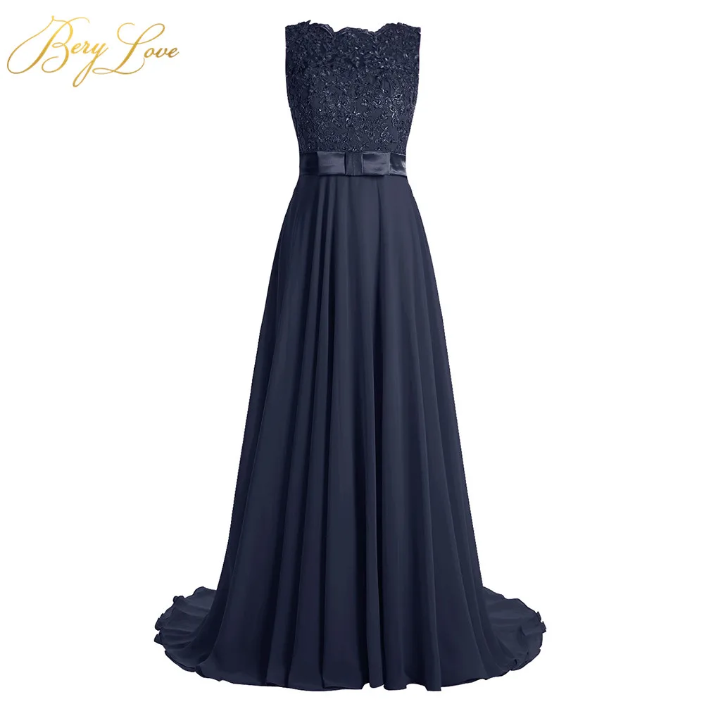 BeryLove Long Blush Evening Dress 2019 Beaded Appliques Vestid Chiffon Prom Bow Knot Belt Illusion Back Formal Party Gown | Свадьбы и