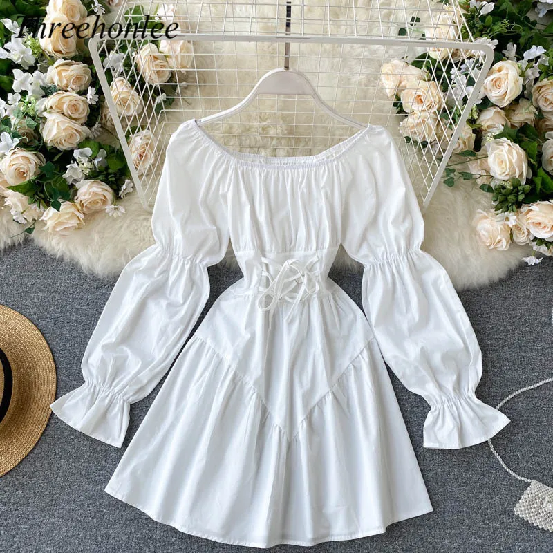 

Женское платье в готическом стиле, однотонное Бандажное платье с открытыми плечами и пышными рукавами, элегантное мини-платье в Корейском с...