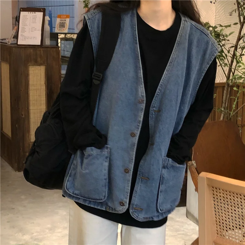 Женский джинсовый жилет в стиле Харадзюку новый стильный кардиган без рукавов