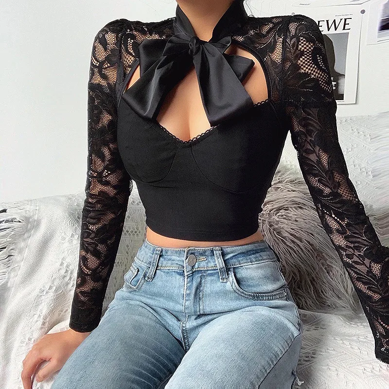 

2022 модные кружевные кроп-топы с бантом для женщин, сексуальная облегающая короткая футболка с длинным рукавом, Женский Топ для ночного клуб...