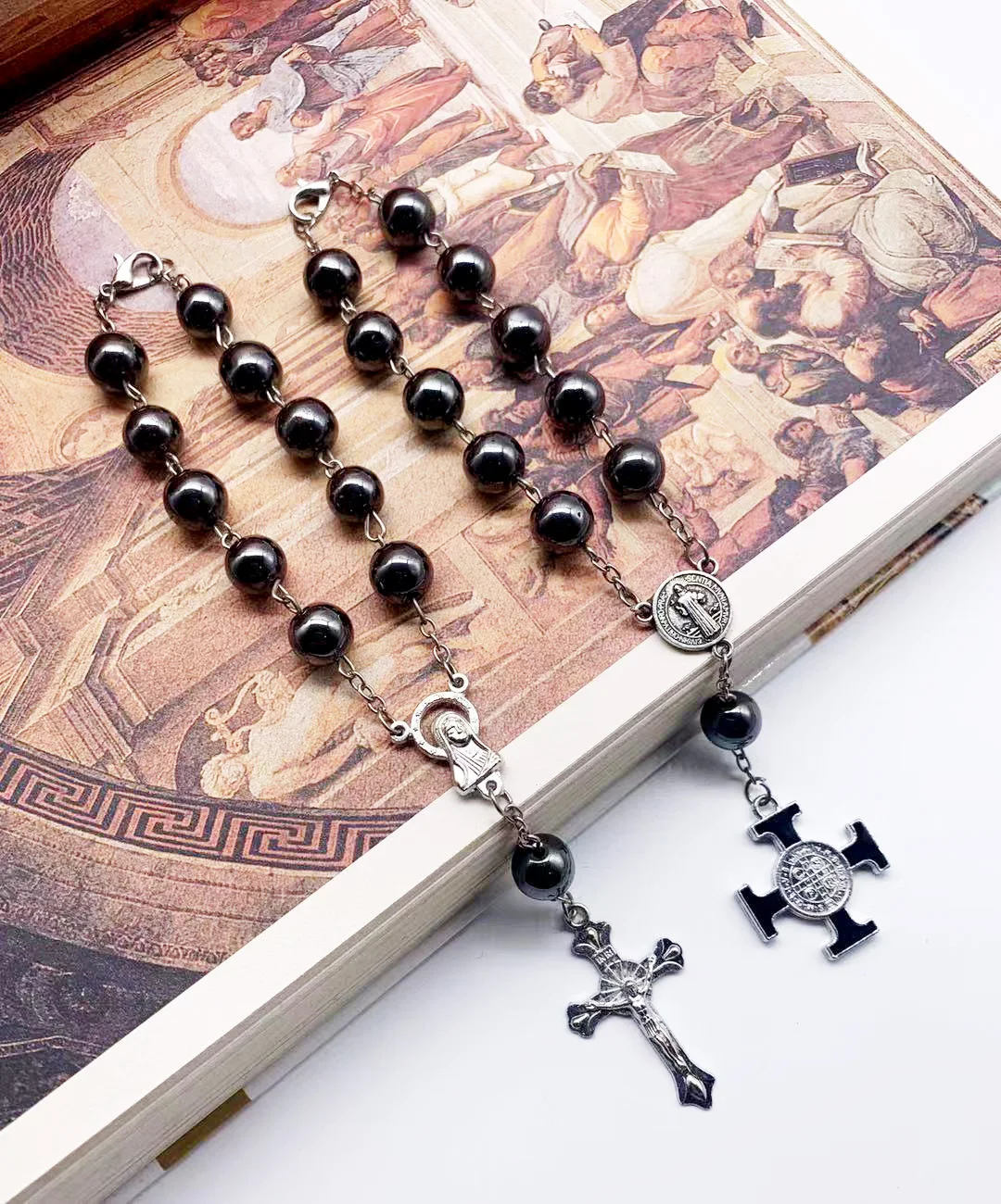 9 мм черный ретро католические четки Эмаль Крест Святого Бенедикта ювелирные