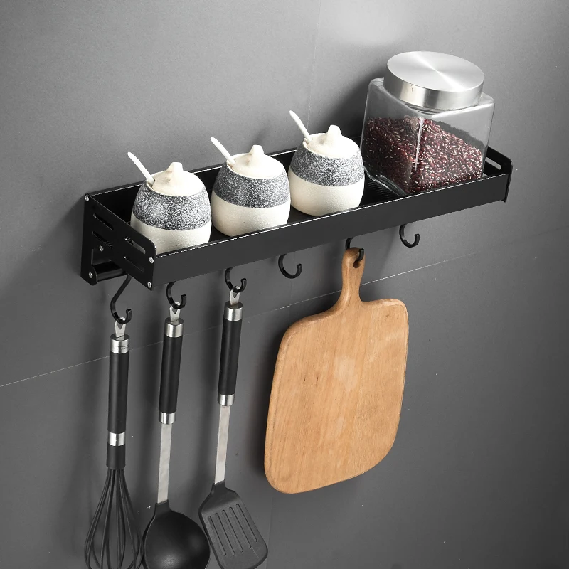 

Black Kitchen Storage Accessories Bathroom Storage Rack Shelves Spice Bottle Rack Aluminum Multi-Function Shelf Towel Bar Hook