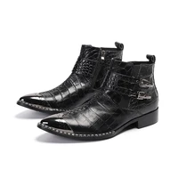 men flat ankle winter autumn boots snakeskin leather boots for men metal pointed toe working shoes man safety buckle zipper shoe