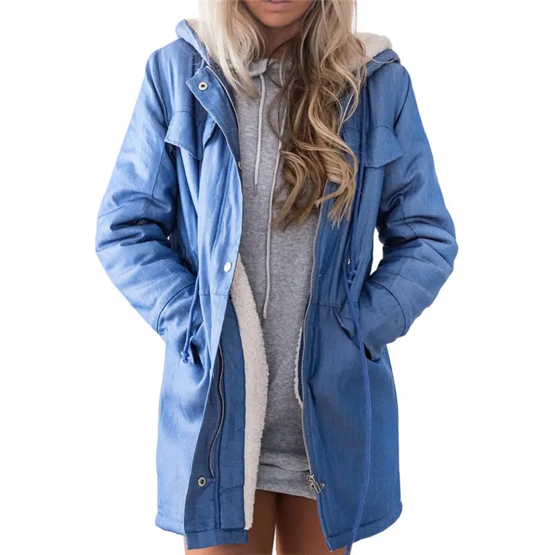 Осенне-зимние женские куртки с капюшоном синего цвета плюшевое пальто