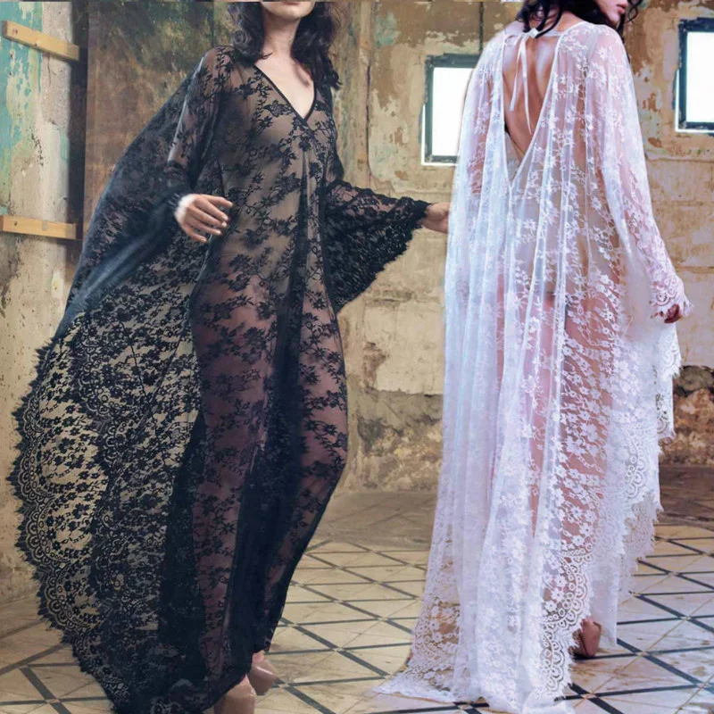 

2021 New Women Sexy Lace See Through Sleepwear Nightwear Swimwear Cover-ups Beach Maxi Dress Nightdress Black White