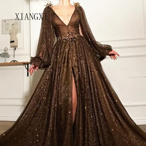 XIANGXI блестящие вечерние платья длинные мусульманские с глубоким v-образным вырезом трапециевидные платья с бисером для выпускного вечера Вечернее платье вечерние платья Vestidos - Цвет: As image
