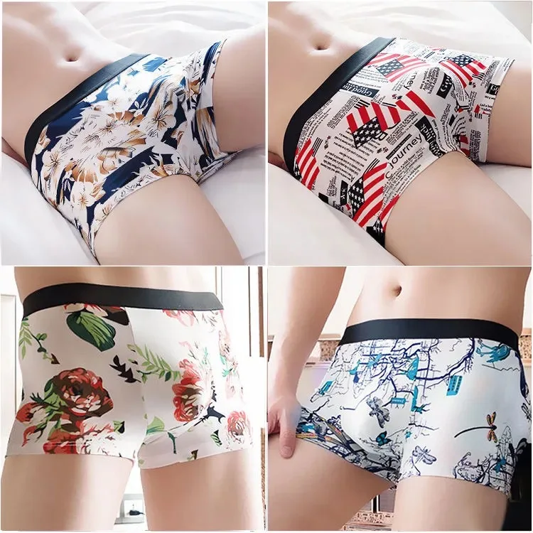 Male Panties Ice silk Traceless Men's Underwear Boxers Breathable Sexy Boxer Printed Thin Underpants Comfortable Shorts L-4XL
