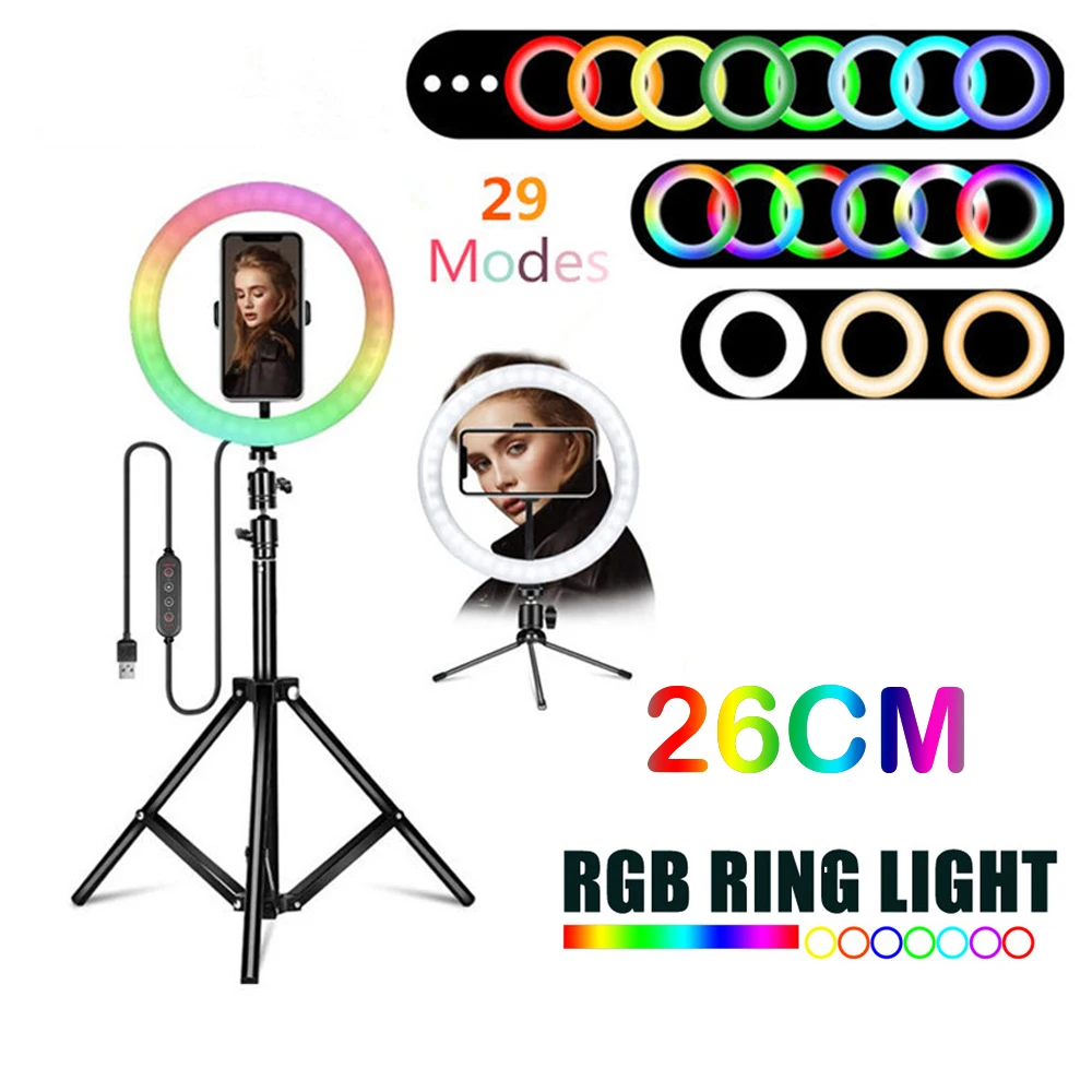 

phone Selfie 26cm RGB LED Ring Light With Tripod Phone Holder Colorful Photography Lighting for Vlogging TikTok Video Live
