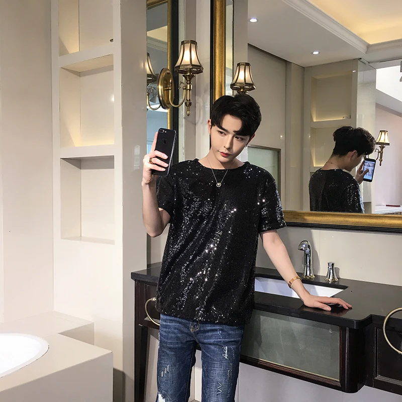 Светоотражающая Футболка с блестками Мужская модная повседневная футболка