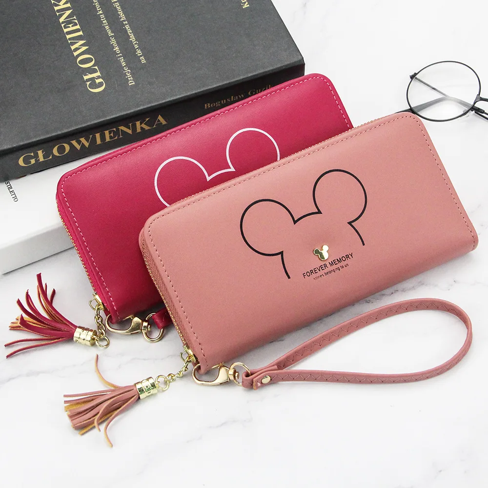 Длинный кошелек с мышкой милый Дамский длинной молнией и кисточками для ключей
